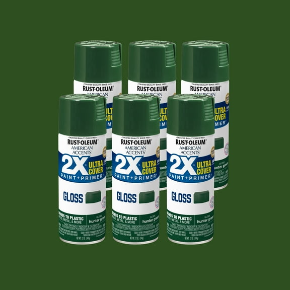 6 Pack, Hunter Green Rust-Oleum American Accents 2X Ultra Cover Gloss Spray Paint-327879, 12 oz