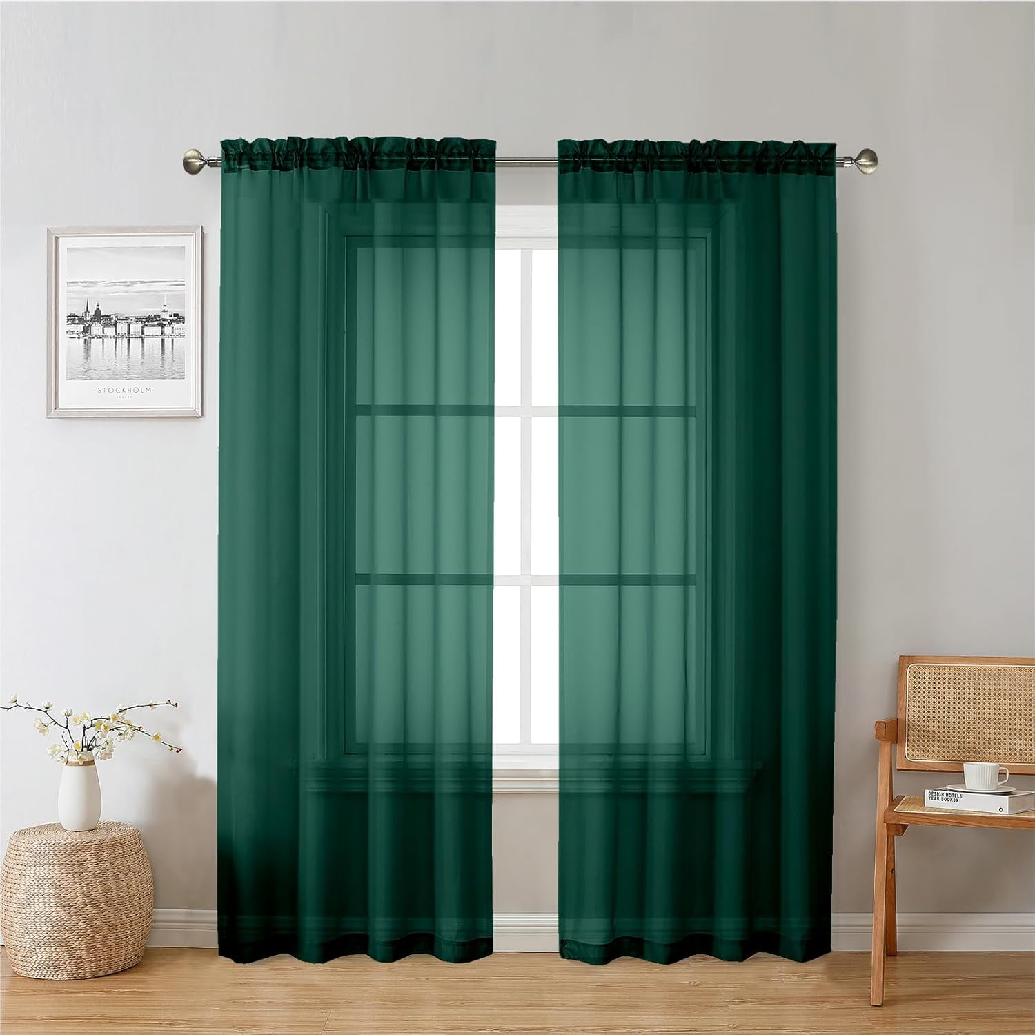 Hunter Green Sheer Curtains 72 Inches Long 2 Panels, Rod Pocket Voile