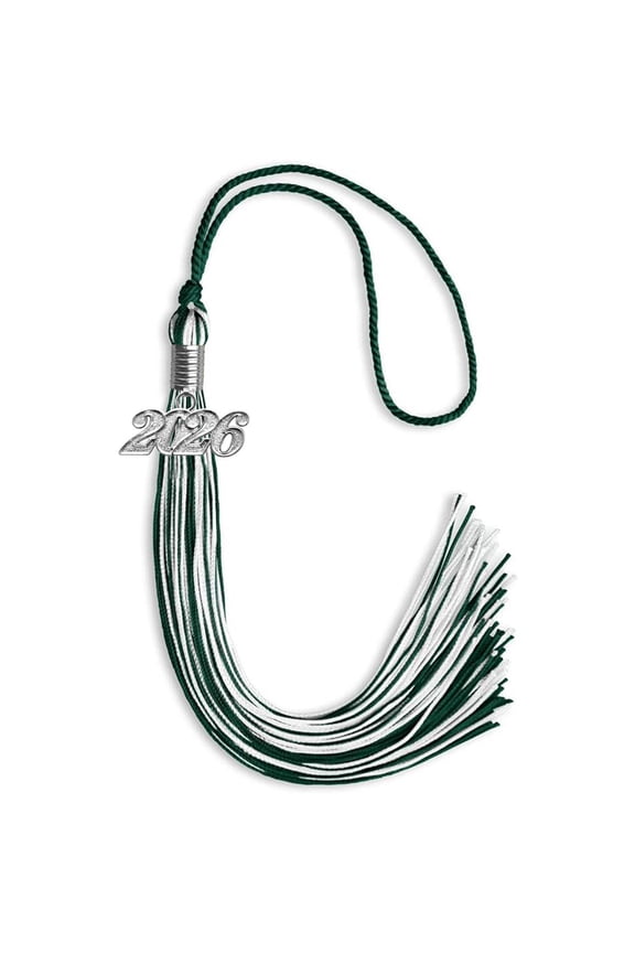 Hunter Green/White Mixed Color Graduation Tassel with Silver Date Drop