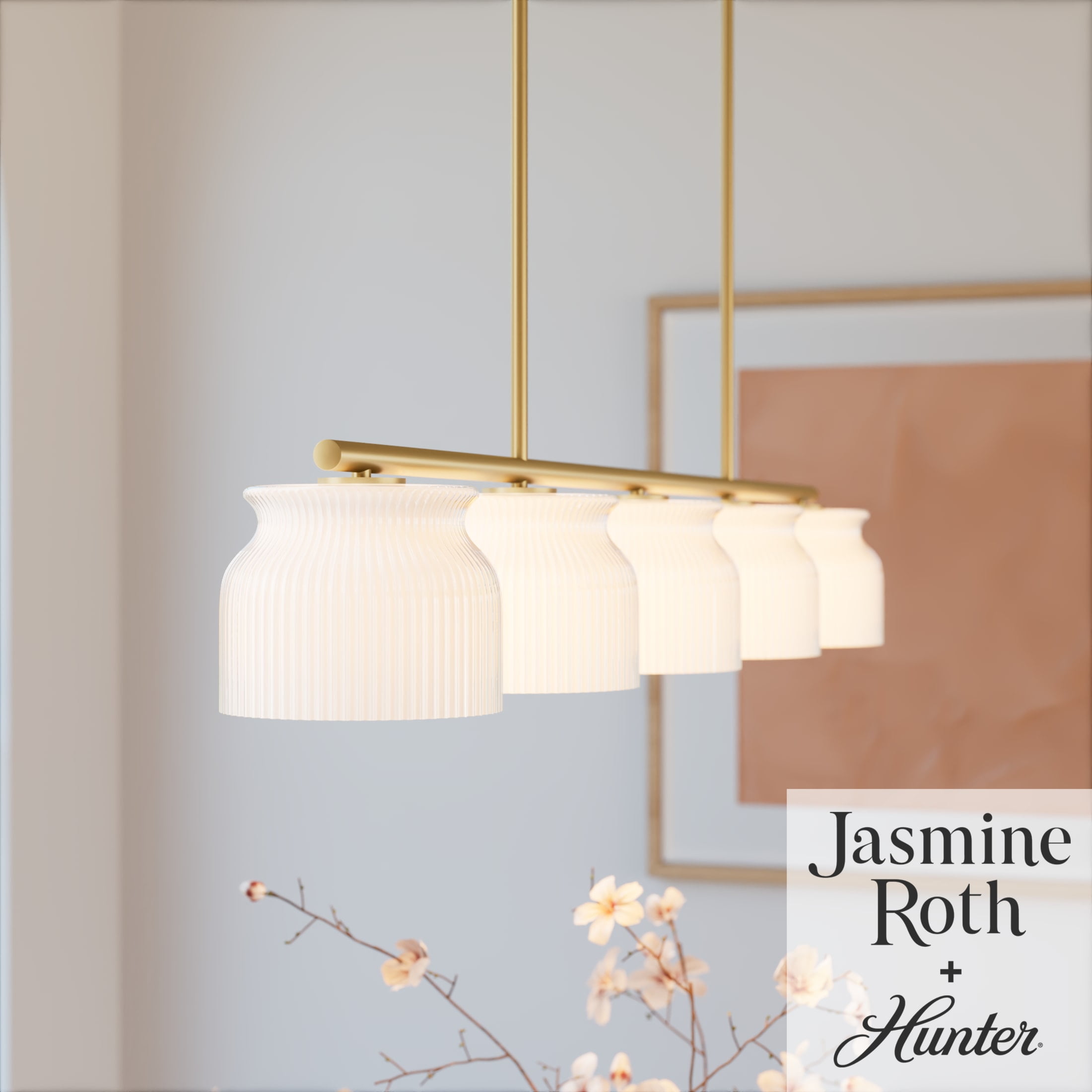 Hunter - Harlowe 5-light Luxe Gold, Extra Large Chandelier, Dimmable, Modern Style, Linear Shaped, for Bedrooms, Dining, Living Rooms - 13180