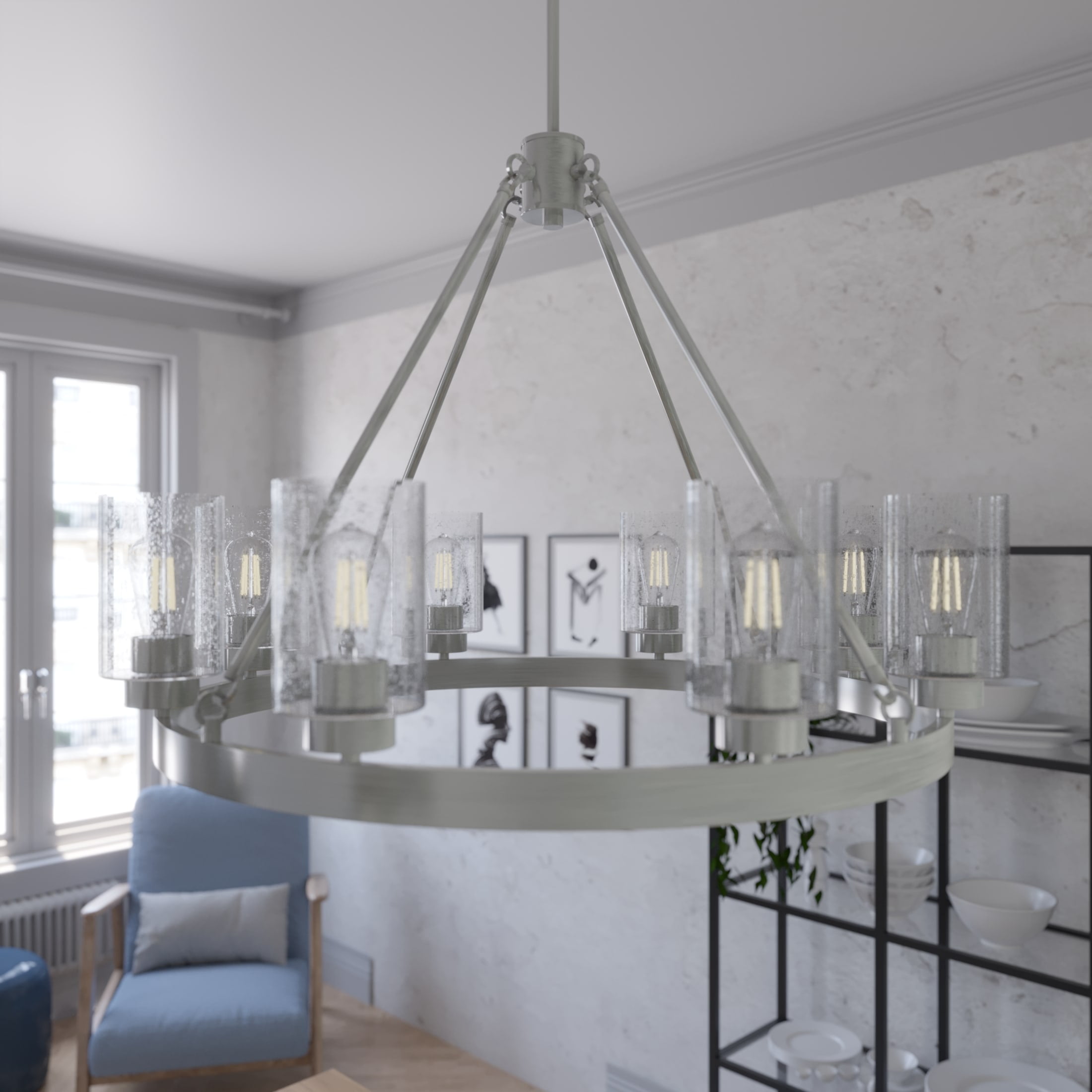Hartland 32" Brushed Nickel Round Chandelier with Seeded Glass Shades