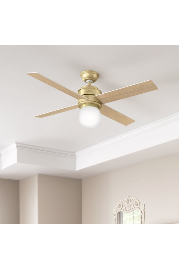 - Hepburn Indoor Ceiling Fan With Light, Wall Control, 52-inch, Modern Brass, Modern-style, 3-speed WhisperWind Motor, 59320, for Living Rooms, Bedrooms