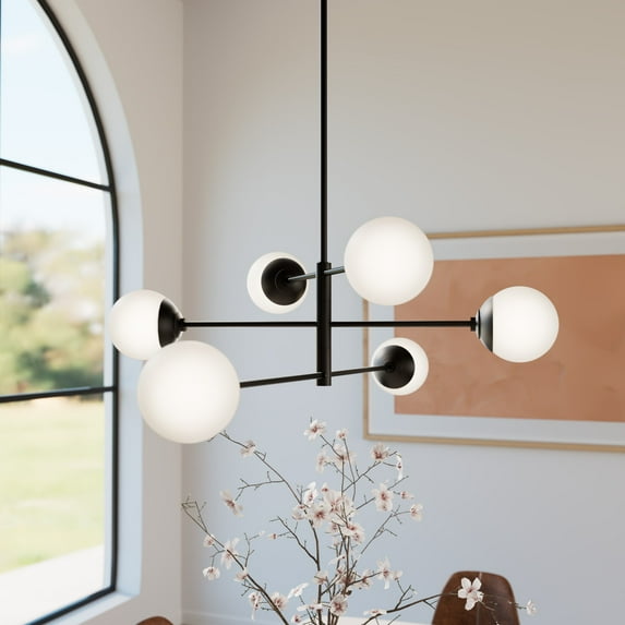 Hunter - Hepburn 6-light Matte Black, Extra Large Chandelier, Dimmable, Mid Century Modern Style, Sputnik Shaped, for Bedrooms, Dining, Living Rooms - 13209