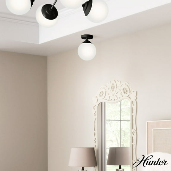 Hunter - Hepburn 1-light Matte Black, Small Flush Mount Light, Dimmable, Modern Style, Globe Shaped, for Bedrooms, Dining, Living Rooms - 19872
