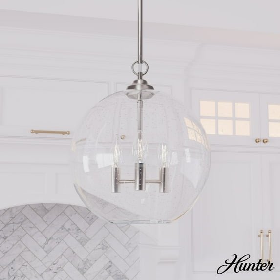 Hunter - High Oaks 3-light Brushed Nickel, Medium Size Pendant Light, Dimmable, Formal Style, Globe Shaped, for Bedrooms, Dining, Living Rooms - 48061