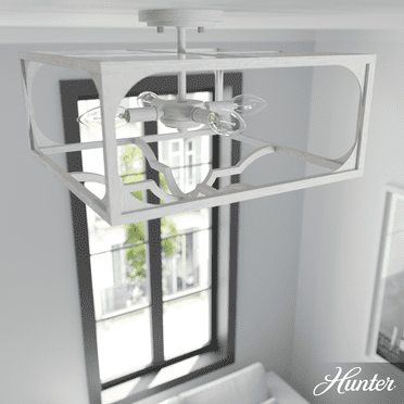 Hunter - Highland Hill 4-light Distressed White, Large Flush Mount Light, Dimmable, Formal Style, Square Shaped, for Bedrooms, Kitchens, Dining, Living Rooms - 19292