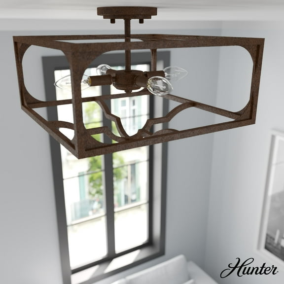 Hunter - Highland Hill 4-light Textured Rust, Large Flush Mount Light, Dimmable, Formal Style, Square Shaped, for Bedrooms, Dining, Living Rooms - 19984