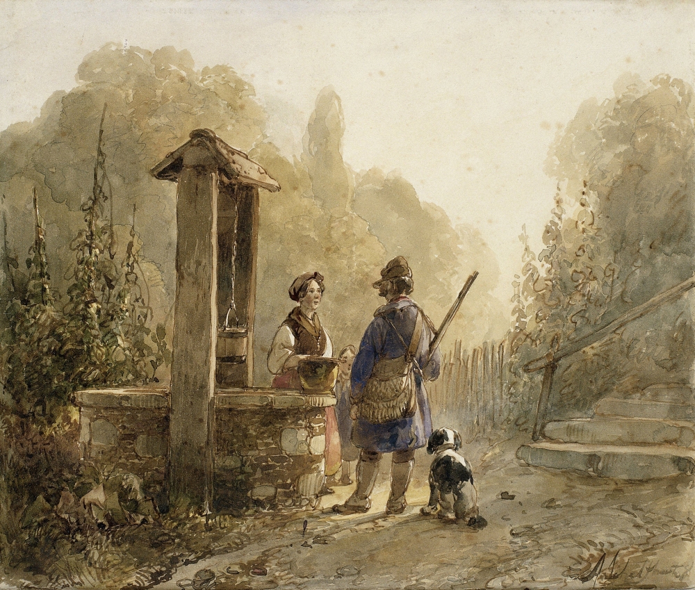 Hunter In Conversation With A Peasant Woman At A Well Canvas Art - (36 x 24)