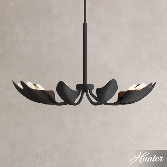 Hunter - Juneway 10-light Matte Black, Large Chandelier, Dimmable, Transitional Style, Candle Shaped, for Bedrooms, Dining, Living Rooms - 48222