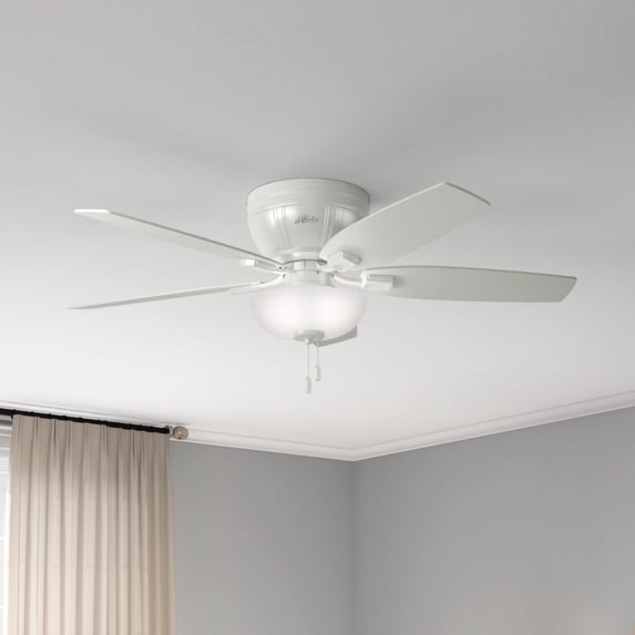 Hunter 52 inch Indoor Ceiling Fan with LED Light - White Ceiling Fan with Pull Chain, For Bedroom, Living Room, or Kitchen, Low Profile Mount, No Remote, 5 Blades - Kenbridge 53378, Fresh White