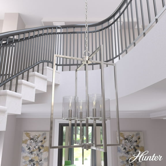 Hunter - Kerrison 4-light Brushed Nickel, Medium Size Pendant Light, Dimmable, Rectangle Shaped, for Bedrooms, Dining, Living Rooms - 19541