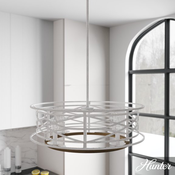 Hunter - Langwood 4-light Distressed White, Large Chandelier, Dimmable, Rustic Style, Drum Shaped, for Bedrooms, Dining, Living Rooms - 19332