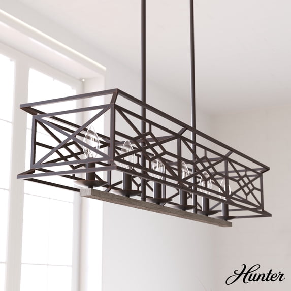 Hunter - Langwood 6-light Onyx Bengal, Extra Large Chandelier, Dimmable, Rustic Style, Linear Shaped, for Bedrooms, Dining, Living Rooms - 19333