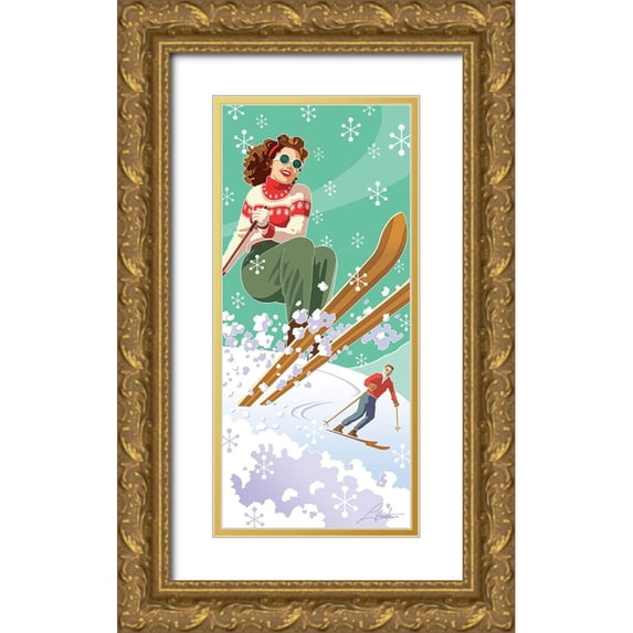 Hunter, Larry 13x24 Gold Ornate Wood Framed with Double Matting Museum Art Print Titled - Vintage Skiers