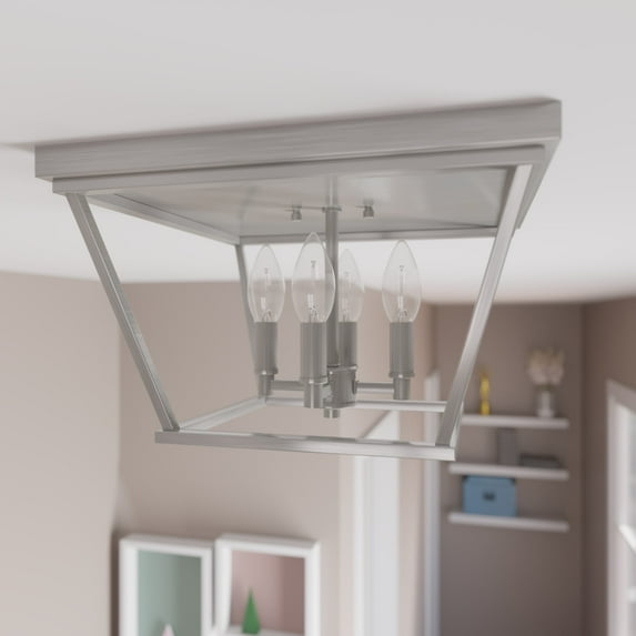 Hunter - Laurel Ridge 4-light Brushed Nickel, Large Flush Mount Light, Dimmable, Formal Style, Square Shaped, for Bedrooms, Dining, Living Rooms - 19076