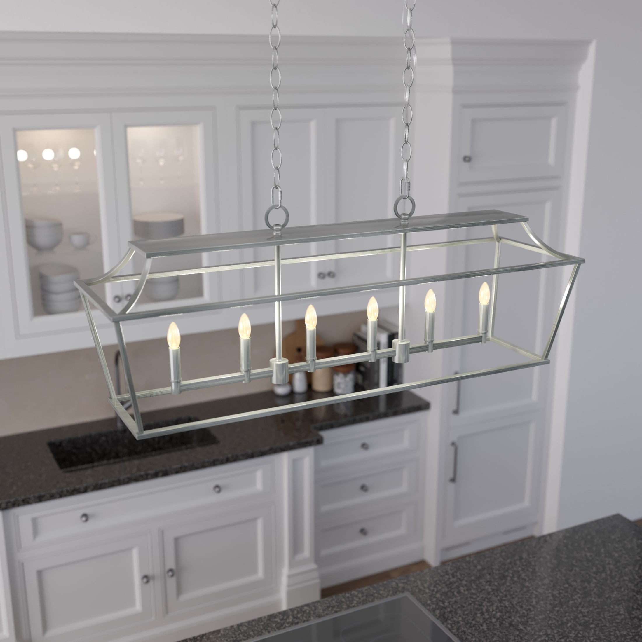 Brushed Nickel 6-Light Linear Chandelier with Candle Bulbs