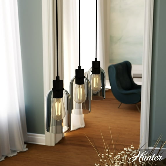 Hunter - Lochemeade 3-light Natural Black Iron, Large Cluster Light, Dimmable, Modern Style, Linear Shaped, for Bedrooms, Dining, Living Rooms - 19717