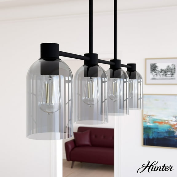 Hunter - Lochemeade 4-light Natural Black Iron, Large Chandelier, Dimmable, Modern Style, Linear Shaped, for Bedrooms, Dining, Living Rooms - 19715