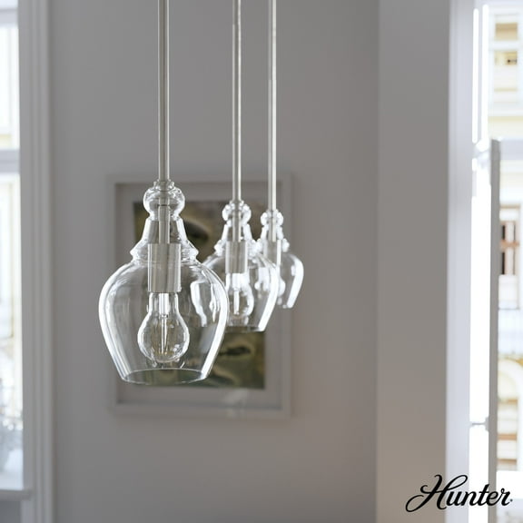 Hunter - Maple Park 1-light Brushed Nickel, Mini Pendant Light, Dimmable, Casual Style, Bell Shaped, for Bedrooms, Dining, Living Rooms - 19569