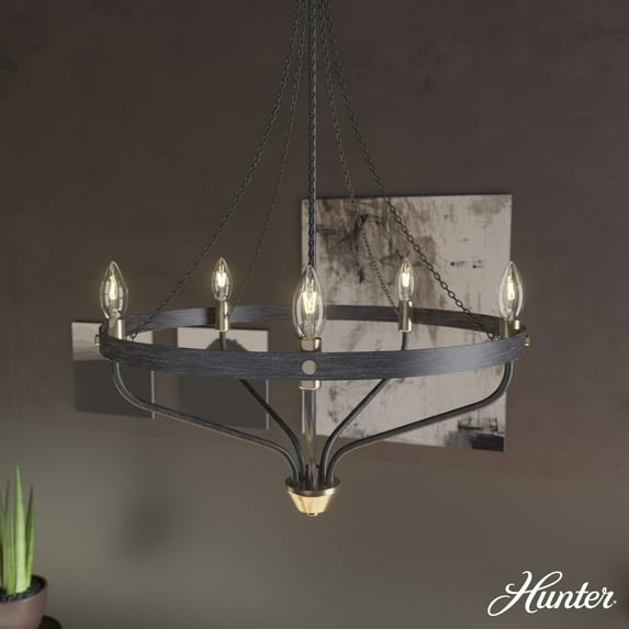 Hunter - Merlin 5-light Rustic Iron, Medium Size Chandelier, Dimmable, Industrial Style, Empire Shaped, for Bedrooms, Dining, Living Rooms - 19793