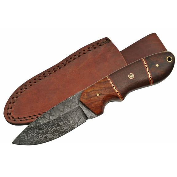 SANZ 8.5" Micarta & Wood Decorative Display Piece Damascus-Style Pattern, Leather Sheath