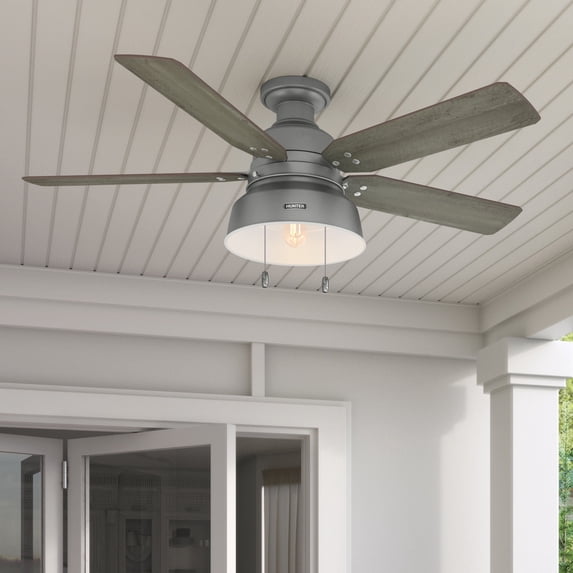Hunter 52 inch Outdoor or Indoor Ceiling Fan with LED Light - Rustic Ceiling Fan with Pull Chain, For Bedroom, Living Room, or Patio, Low Profile Mount, No Remote - Mill Valley 59311, Matte Silver