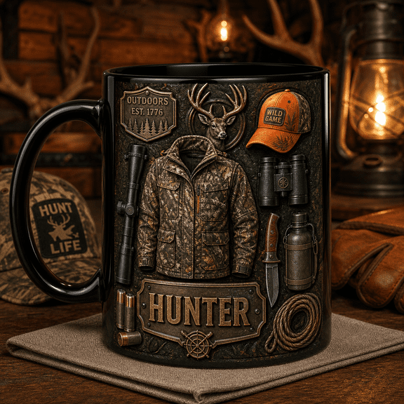 Hunter Mug Custom Coffee Cup with Rustic Deer Design Gift for Outdoorsman