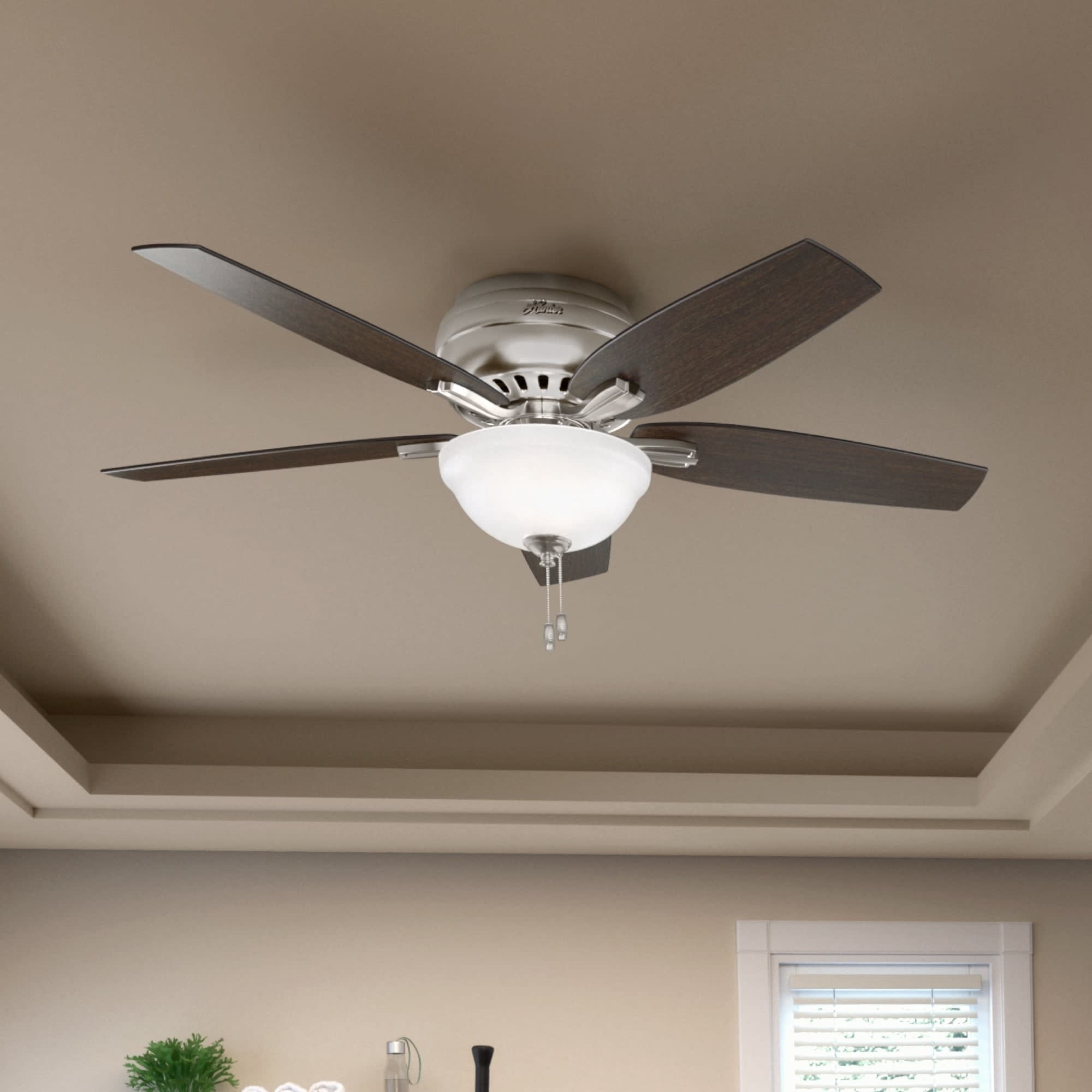 Hunter 52 inch Indoor Ceiling Fan with LED Light - Ceiling Fan with Pull Chain, For Bedroom or Living Room, Low Profile Mount, No Remote, 5 Blades, Includes Bulbs- Newsome 53315, Brushed Nickel