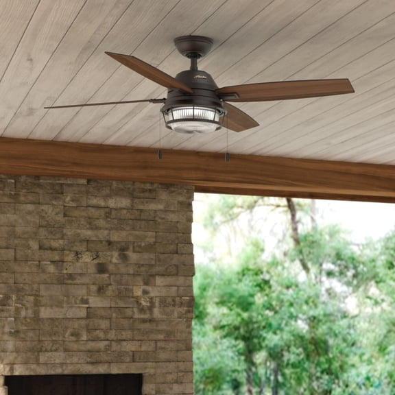Hunter 52 inch Outdoor or Indoor Ceiling Fan with LED Light and Pull Chain - Bronze Rustic Ceiling Fan, Standard Mount, 4 Blades, For Patio, Porch, Garage, or Living Room - Ocala 59214, Noble Bronze