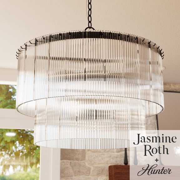 Hunter - Ontario 6-light Matte Black, Large Chandelier, Dimmable, Transitional Style, Cylinder Shaped, for Bedrooms, Dining, Living Rooms - 13143