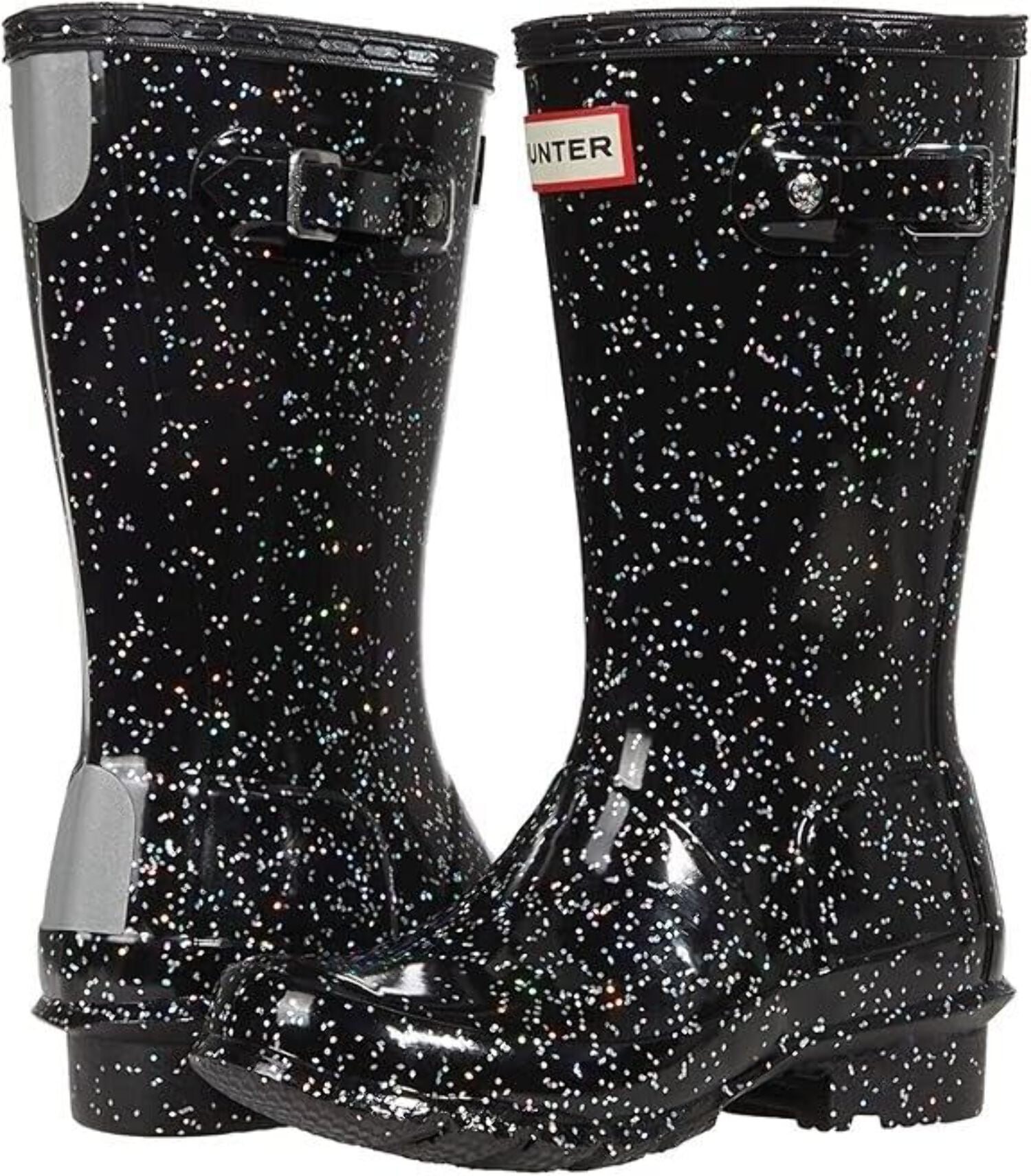 Hunter Original Giant Kids US 1 Black Glitter Waterproof Wellington Boots ZPO308