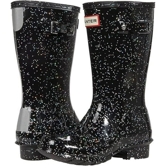 Hunter Original Giant Kids US 1 Black Glitter Waterproof Wellington Boots ZPO308
