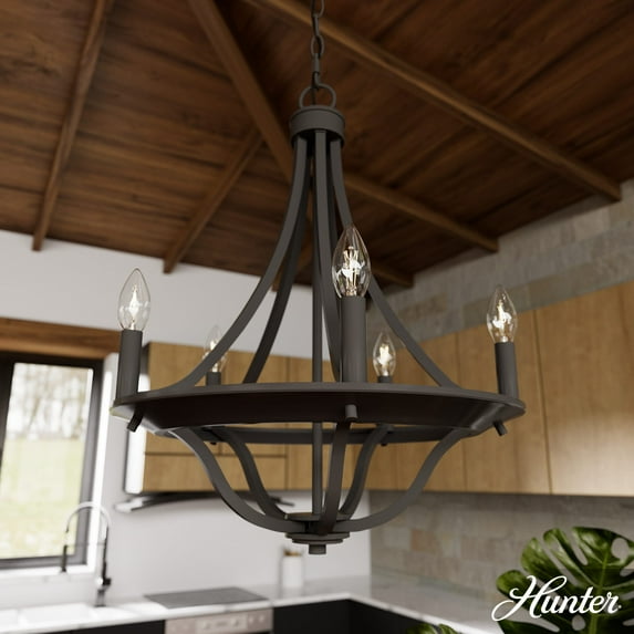 Hunter - Perch Point 5-light Noble Bronze, Medium Size Chandelier, Dimmable, Casual Style, Empire Shaped, for Bedrooms, Dining, Living Rooms - 19424