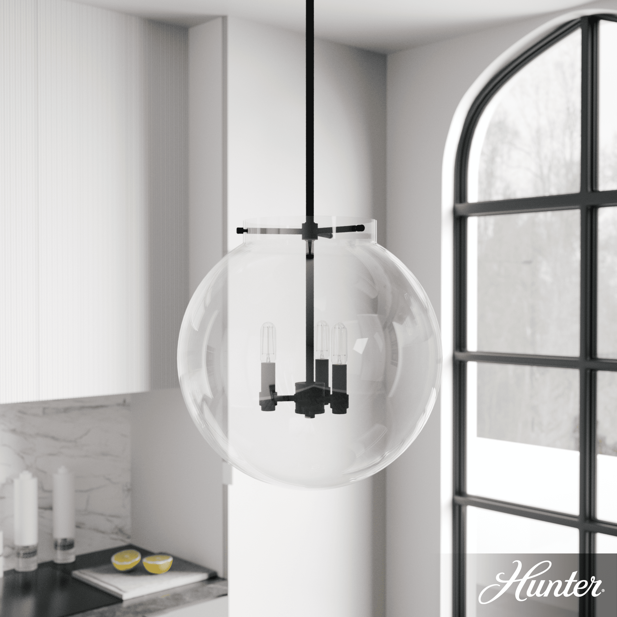 Sacha 3-Light Black Iron Globe Pendant with Clear Glass