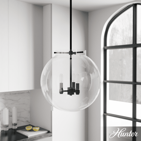 Hunter - Sacha 3-light Natural Black Iron, Medium Size Pendant Light, Dimmable, Modern Style, Globe Shaped, for Bedrooms, Kitchens, Dining, Living Rooms - 19658