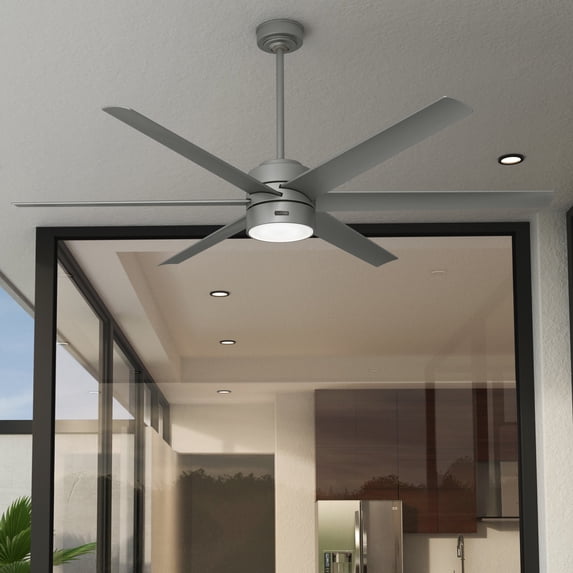 Hunter 72 inch Outdoor or Indoor Ceiling Fan with LED Light - Ceiling Fan with Wall Control, For Patio, Garage, or Porch, Quiet, Standard Mount, 6 Blades - Solaria 59629, Matte Silver