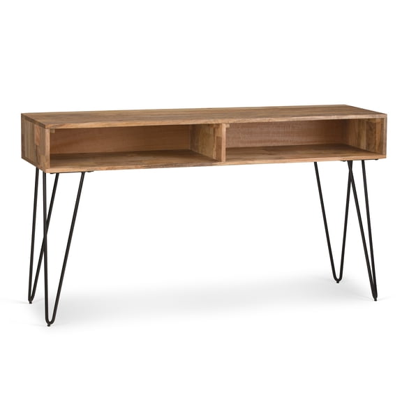Hunter Solid Mango Wood Console Sofa Table - Natural Finish, 55" W x 16" D x 30" H, Industrial Black Hairpin Legs, 2 Open Storage Compartments, Living Room, Entryway Furniture