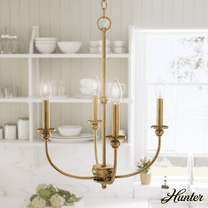 Hunter - Southcrest 4-light Luxe Gold, Medium Size Chandelier, Dimmable, Casual Style, Candle Shaped, for Bedrooms, Kitchens, Dining, Living Rooms - 48067