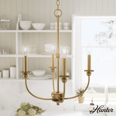 Hunter - Southcrest 4-light Luxe Gold, Medium Size Chandelier, Dimmable, Casual Style, Candle Shaped, for Bedrooms, Kitchens, Dining, Living Rooms - 48067