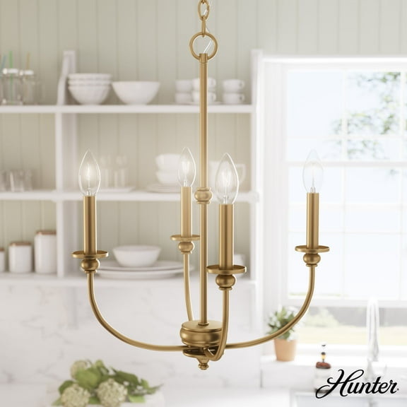 Hunter - Southcrest 4-light Luxe Gold, Medium Size Chandelier, Dimmable, Casual Style, Candle Shaped, for Bedrooms, Dining, Living Rooms - 48067