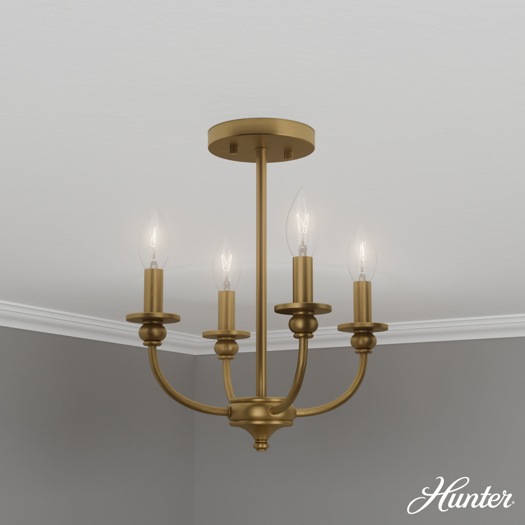 Hunter - Southcrest 4-light Luxe Gold, Medium Size Flush Mount Light, Dimmable, Traditional Style, Candle Shaped, for Bedrooms, Kitchens, Dining, Living Rooms - 48068