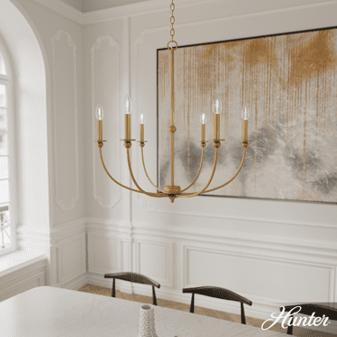 Hunter - Southcrest 6-light Luxe Gold, Large Chandelier, Dimmable, Casual Style, Candle Shaped, for Bedrooms, Kitchens, Dining, Living Rooms - 48066
