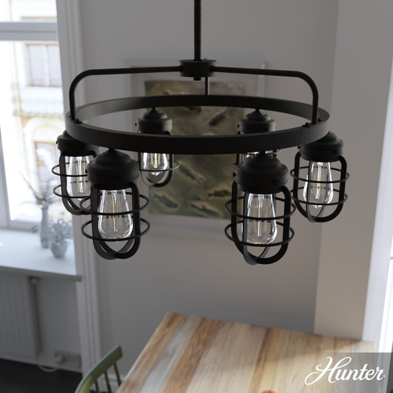Hunter - Starklake 6-light Natural Black Iron, Large Chandelier, Dimmable, Wagon Wheel Shaped, for Bedrooms, Dining, Living Rooms - 19666