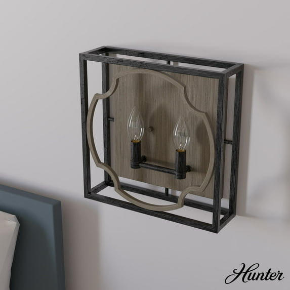 Hunter - Stone Creek 2-light French Oak, Medium Size Sconce Light, Dimmable, Rustic Style, for Bedrooms, Dining, Living Rooms - 19227