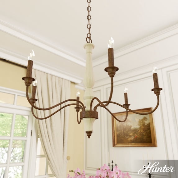 Hunter - Teren 6-light Distressed White, Large Chandelier, Dimmable, Formal Style, Candle Shaped, for Bedrooms, Dining, Living Rooms - 19280