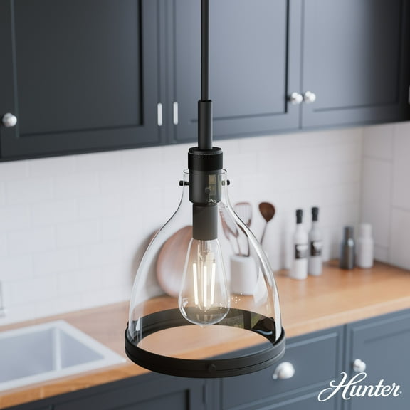 Hunter Van Nuys Matte Black with Clear Glass 1 Light Pendant Ceiling Light Fixture
