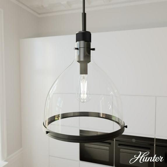 Hunter - Van Nuys 1-light Matte Black, Medium Size Pendant Light, Dimmable, Transitional Style, Bell Shaped, for Bedrooms, Dining, Living Rooms - 48051