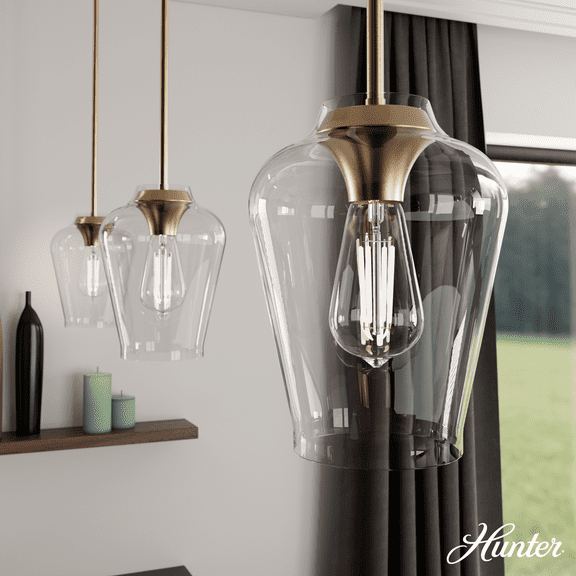 Hunter - Vidria 1-light Alturas Gold, Small Pendant Light, Dimmable, Formal Style, Bell Shaped, for Bedrooms, Kitchens, Dining, Living Rooms - 45233