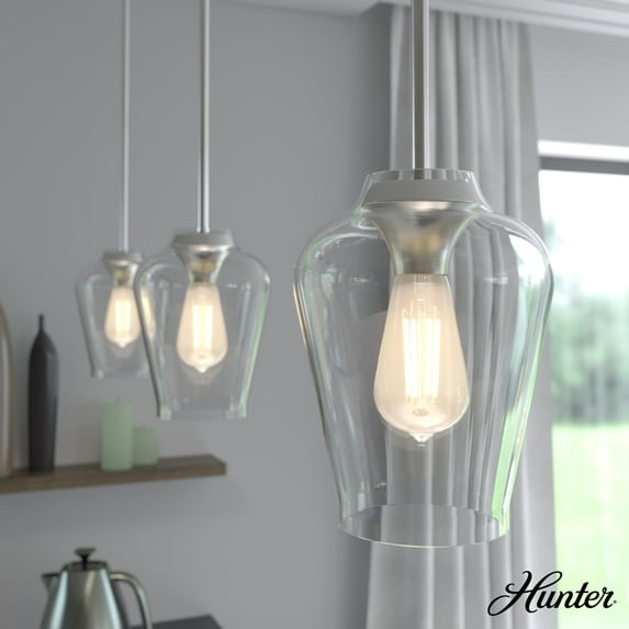 Hunter - Vidria 1-light Brushed Nickel, Small Pendant Light, Dimmable, Formal Style, Bell Shaped, for Bedrooms, Dining, Living Rooms - 19723