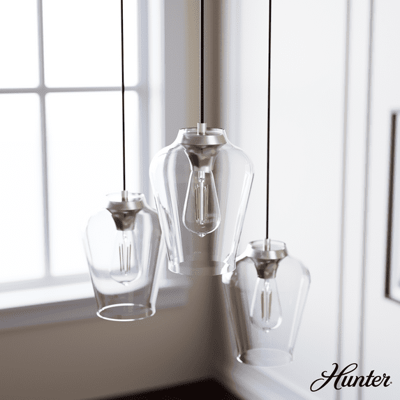 Hunter - Vidria 3-light Brushed Nickel, Medium Size Cluster Light, Dimmable, Formal Style, Round Shaped, for Bedrooms, Kitchens, Dining, Living Rooms - 19727